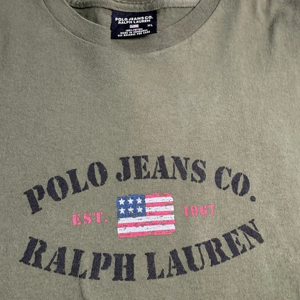 Ralph Lauren Men's T Shirt Olive Green Big Front Logo Sz XL 100% Cotton